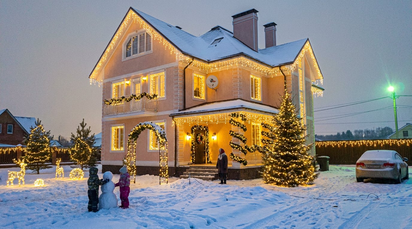 Плотное оформление фасада и деревьев на участке